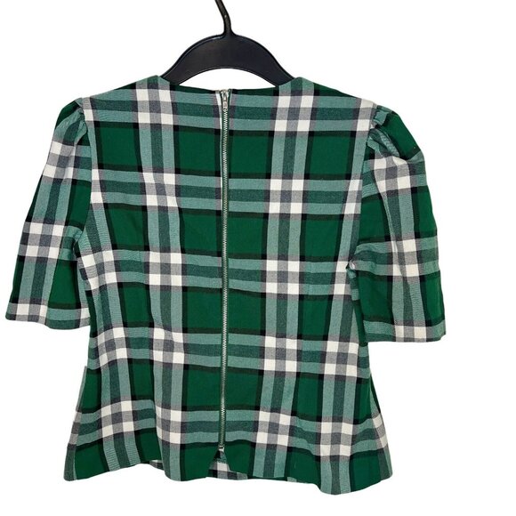 Eva Mendes Blouse Size 2 Green Plaid Puff Short Sleeve Popover Top Extra Small - Picture 2 of 10